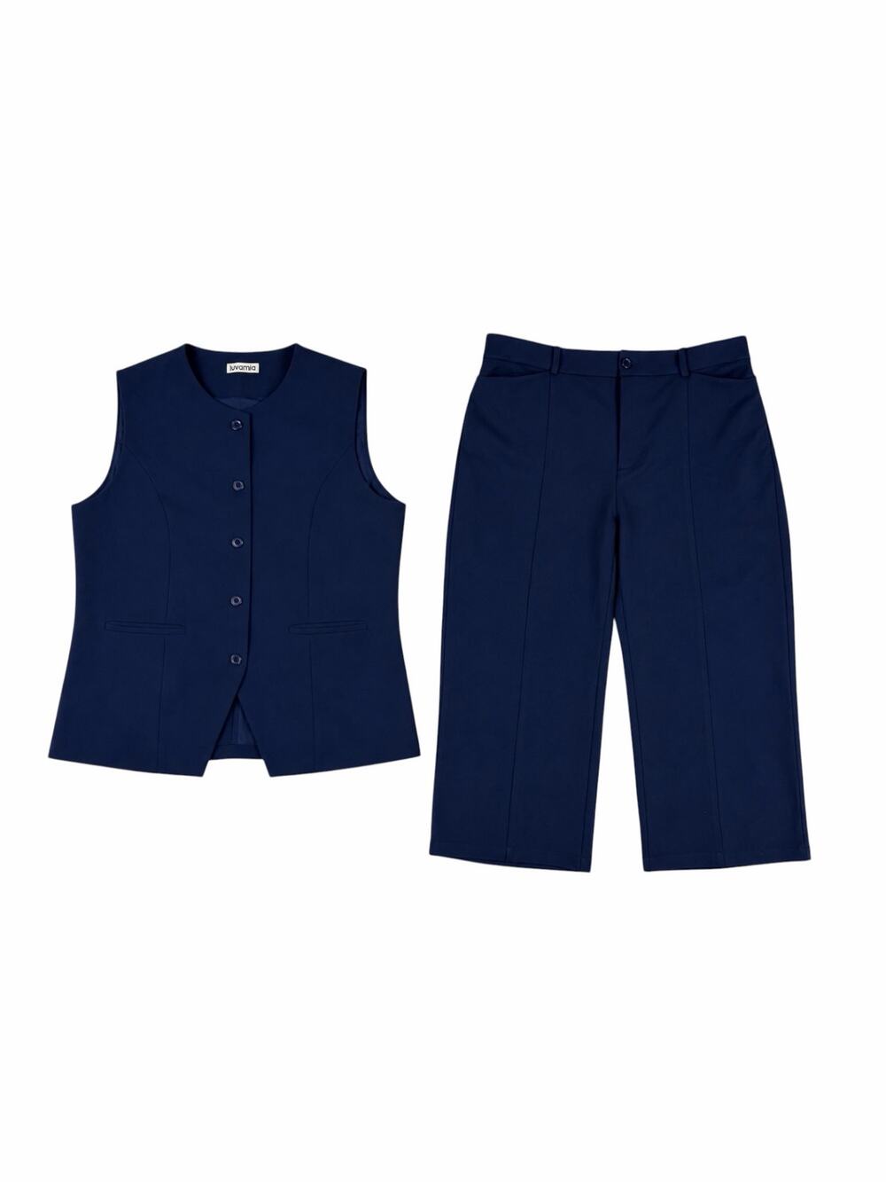 Luvamia Navy Pant Suit Set 2XL Sleeveless Blazer Vest & Cropped Wide Leg Pants